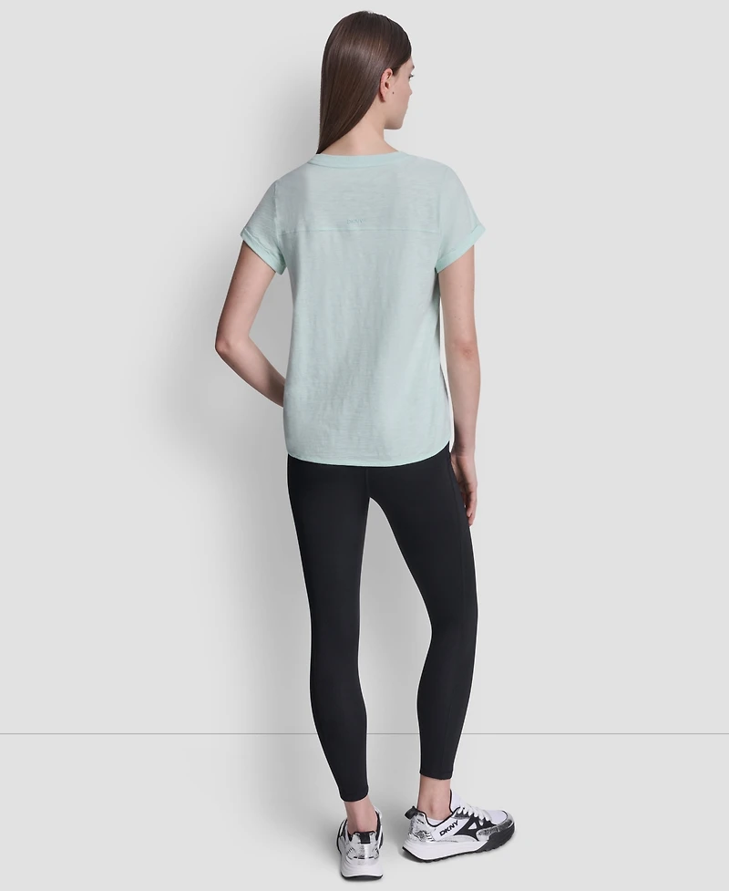 Dkny Sport Women's Embroidered Crewneck Logo Roll-Sleeve Top