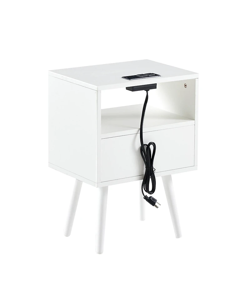 Simplie Fun Rattan End Table With Power Outlet & Usb Ports, Modern Nightstand With Drawer And Solid Wood