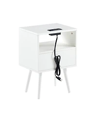Simplie Fun Rattan End Table With Power Outlet & Usb Ports, Modern Nightstand With Drawer And Solid Wood