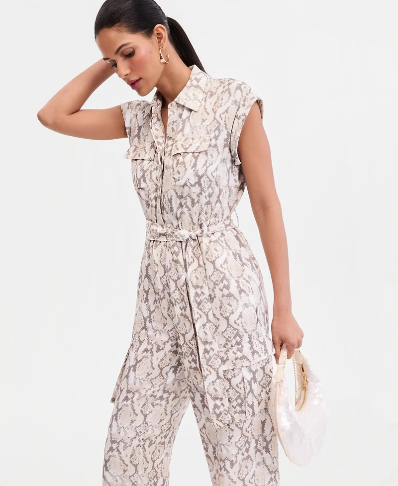 I.n.c. International Concepts Women's Short-Sleeve Snake Print Belted Jumpsuit, Macy's Exclusive