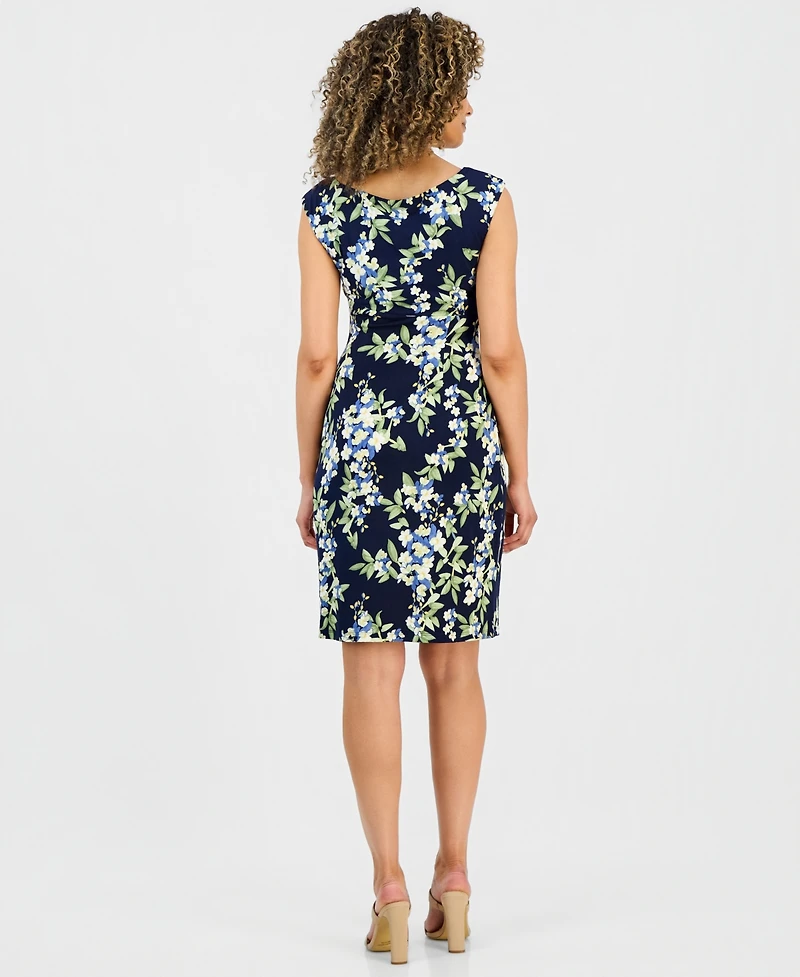 Connected Petite Gathered Floral Print Sheath Dress
