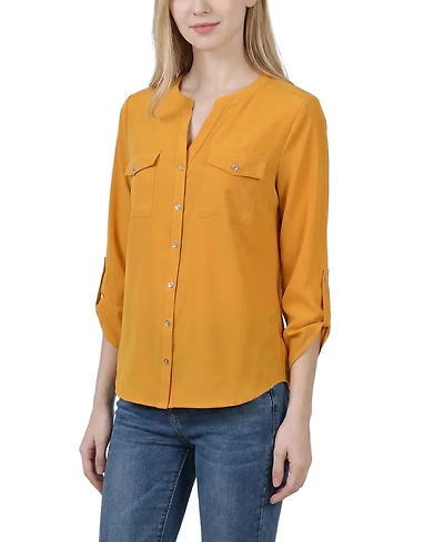 Ny Collection Women's 3/4 Roll Tab Sleeve Mandarin Collar Blouse