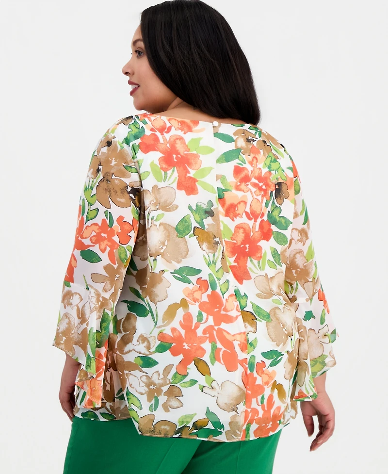Kasper Plus Printed Ruffle-Sleeve Blouse