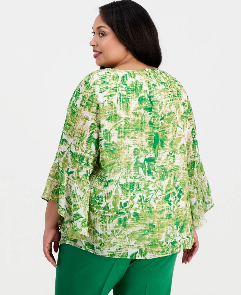 Kasper Plus Printed Boat-Neck Ruffle-Sleeve Blouse