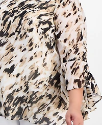 Kasper Plus Printed Boat-Neck Ruffle-Sleeve Blouse