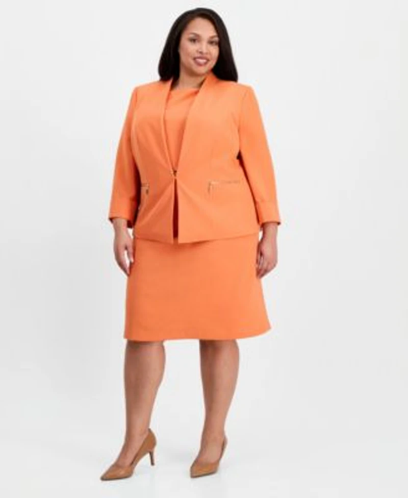 Kasper Plus Size Collarless Open Front Zip Pocket Jacket Boat Neck Sleeveless Sheath Crepe Dress