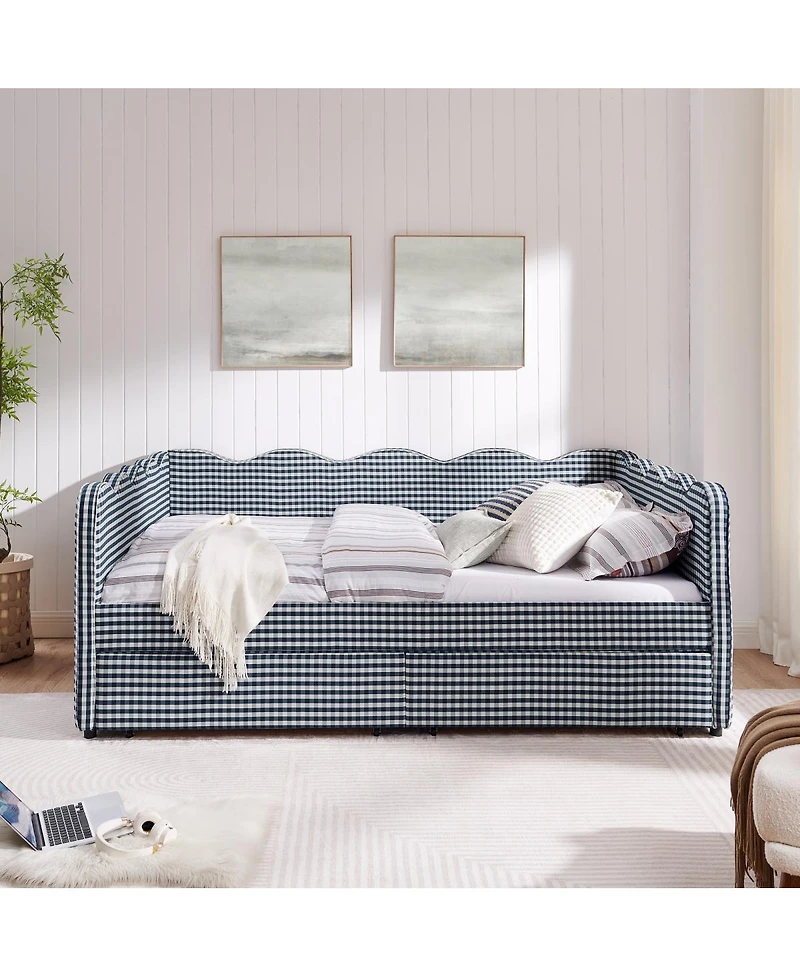 Streamdale Furniture Wood Gingham Wave Shape Daybed with Usb Port & 2 Storage Drawers