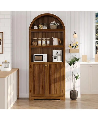 gaomon 72" Modern Natural Arched Cabinet with Gold Handles – 5-Tier Wooden Pantry Double Doors & Adjustable Shelves