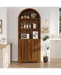 gaomon 72" Modern Natural Arched Cabinet with Gold Handles – 5-Tier Wooden Pantry Double Doors & Adjustable Shelves