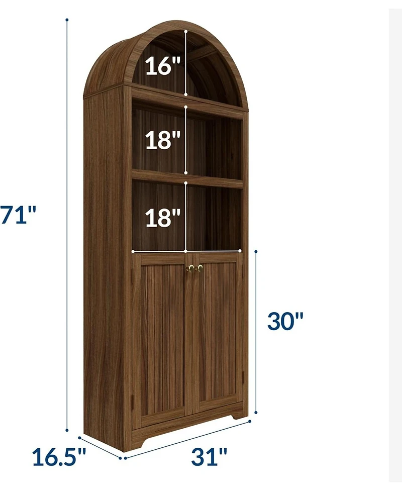 gaomon 72" Modern Natural Arched Cabinet with Gold Handles – 5-Tier Wooden Pantry Double Doors & Adjustable Shelves