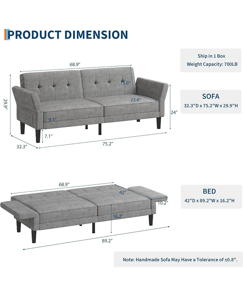 gaomon 89" Futon Sofa Bed – Convertible Sleeper Sofa with Adjustable Backrest and Armrests – Modern Loveseat for Living Rooms, Bedr