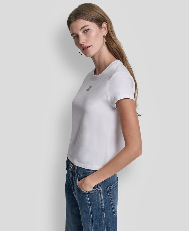 Dkny Jeans Women's Rhinestone Logo Crew Neck Baby T-Shirt