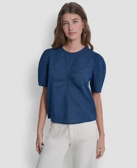 Dkny Jeans Women's Puff Short-Sleeve Crew Neck Ruched Blouse