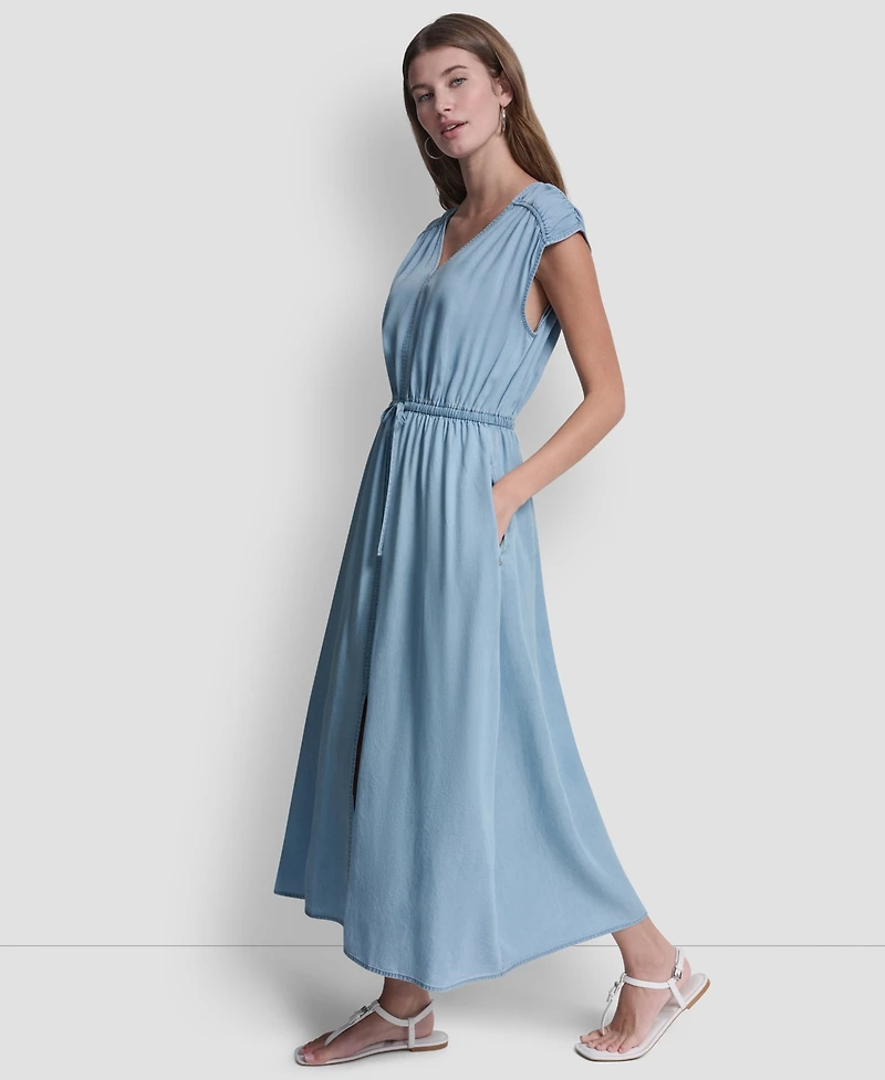 Dkny Jeans Women's Ruched Shoulder Sleeveless V-Neck Dress