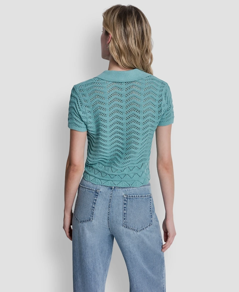 Dkny Jeans Women's Short-Sleeve V-Neck Polo Cropped Sweater