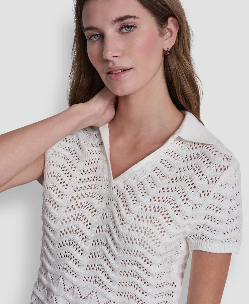 Dkny Jeans Women's Short-Sleeve V-Neck Polo Cropped Sweater