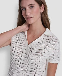 Dkny Jeans Women's Short-Sleeve V-Neck Polo Cropped Sweater