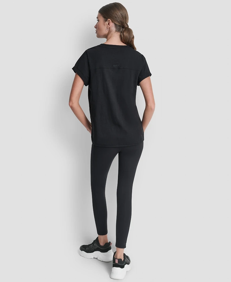 Dkny Sport Women's Embroidered Crewneck Logo Roll-Sleeve Top