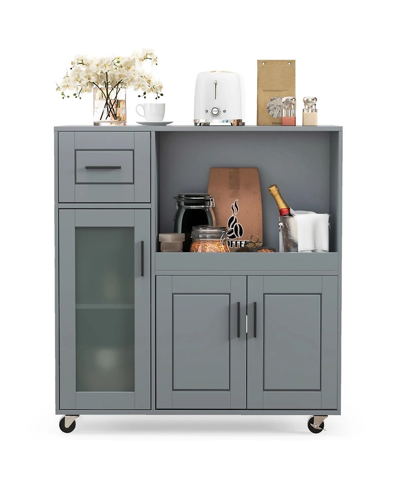 Volenca Rolling Kitchen Island Cart with Drawer, Glass Door Cabinet, Storage Shelves