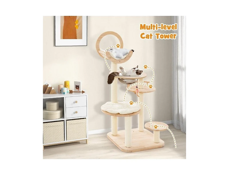 Aostirmotor 4-in-1 Wooden Cat Tower with Space Capsule Nest, Indoor Cat Furniture for Climbing & Play