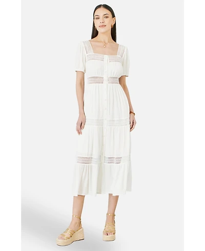 Yumi Women's Cotton Square Neckline Lace Midi Dress