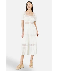 Yumi Women's Cotton Square Neckline Lace Midi Dress