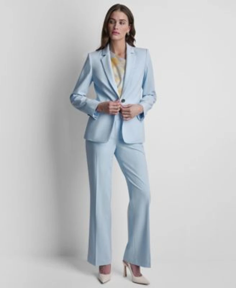 Dkny Womens Long Sleeve One Button Jacket Printed Asymmetric Neck Sleeveless Top Straight Leg Flared Pants