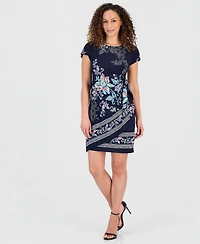 Robbie Bee Petite Printed Faux-Sarong Short-Sleeve Dress