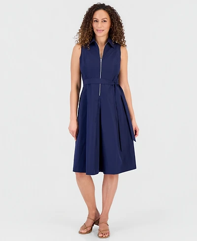 Robbie Bee Petite Cotton Zip-Front Belted Sleeveless Dress