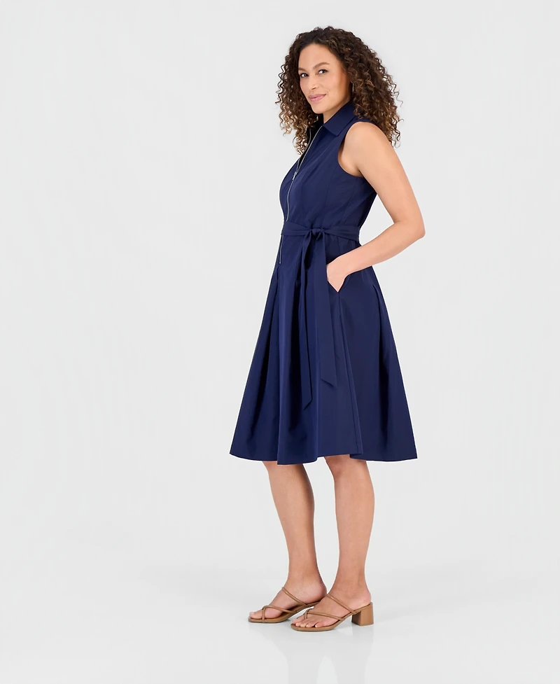 Robbie Bee Petite Cotton Zip-Front Belted Sleeveless Dress