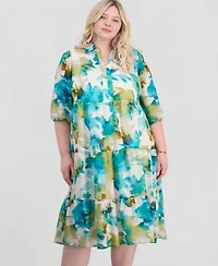 Sandra Darren Plus Linen Split-Neck Midi Dress