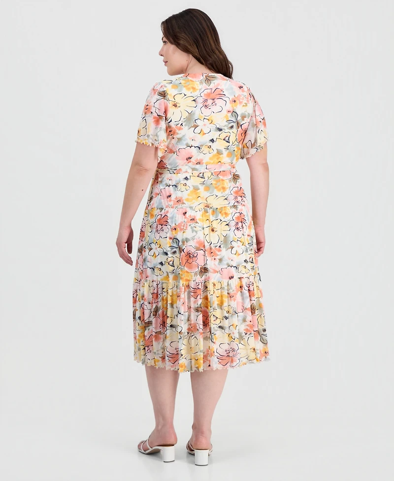 Sandra Darren Plus Tiered Flutter-Sleeve Dress
