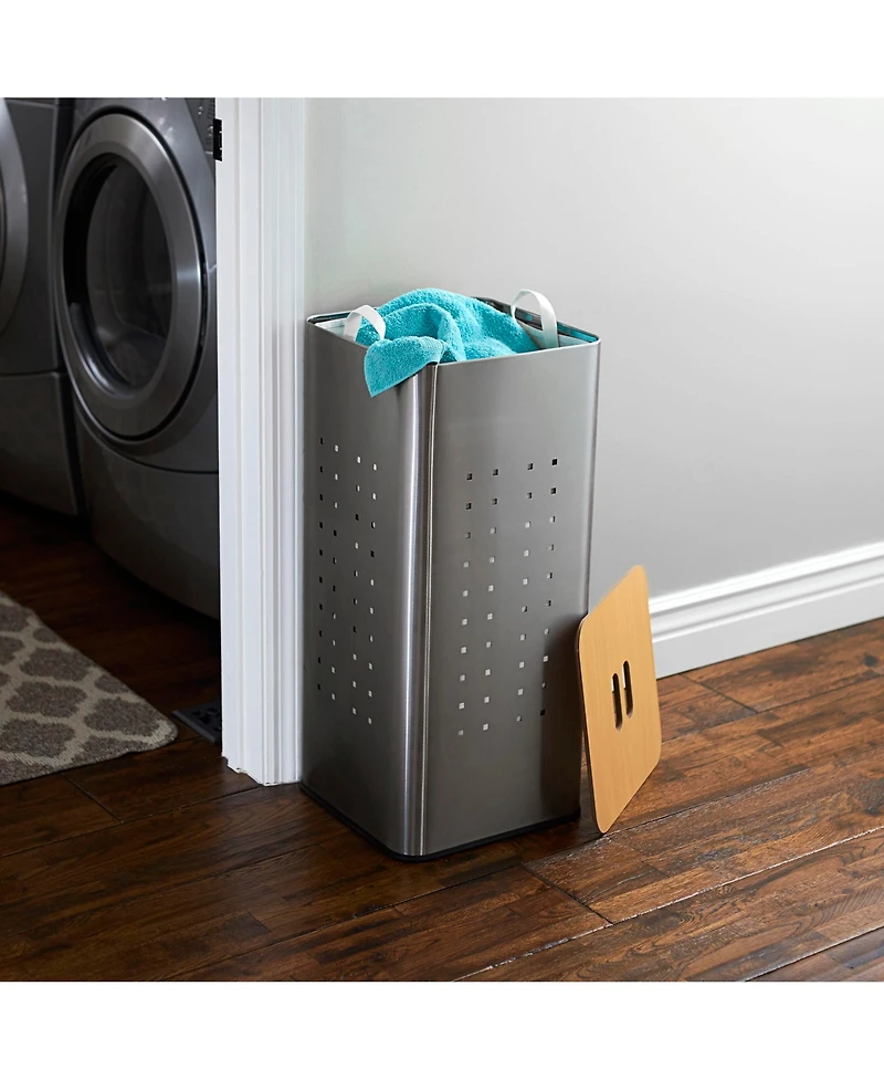 Household Essentials Square Metal Hamper with Engineered Wooden Lid, Stainless Steel