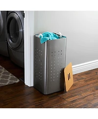 Household Essentials Square Metal Hamper with Engineered Wooden Lid, Stainless Steel