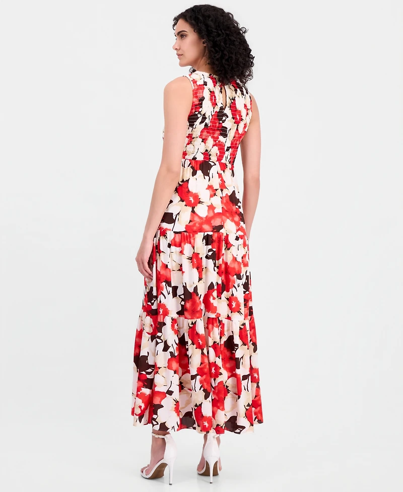Anne Klein Petite Smocked Bodice Sleeveless Maxi Tier Dress