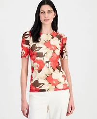 Anne Klein Womens Printed Mesh Short Sleeve Top