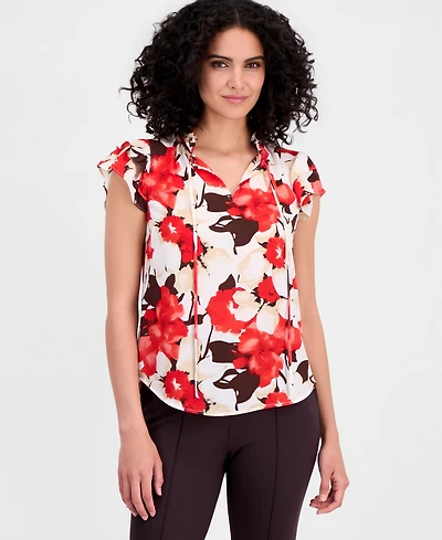Anne Klein Petite Tie-Neck Ruffle-Sleeve Top