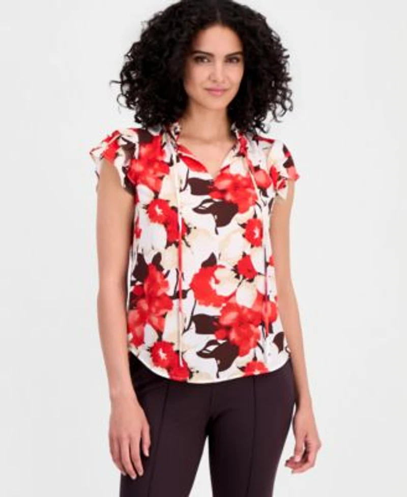 Anne Klein Womens Floral Print Split Neck Flutter Sleeve Top