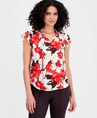 Anne Klein Womens Floral Print Split Neck Flutter Sleeve Top