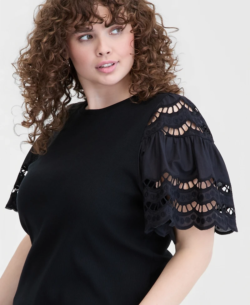 On 34th Trendy Plus Eyelet Puff-Sleeve Rib-Knit Top, Macy's Exclusive