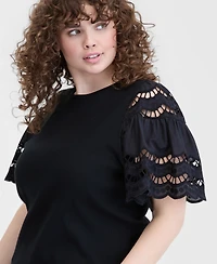 On 34th Trendy Plus Eyelet Puff-Sleeve Rib-Knit Top, Macy's Exclusive