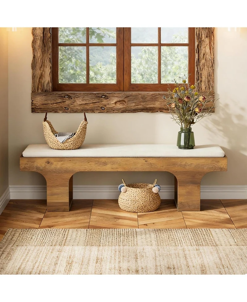 Tribesigns Dining Bench with Linen Cushion, 55.2" Farmhouse Entryway Bench, End of Bed Upholstered Bench
