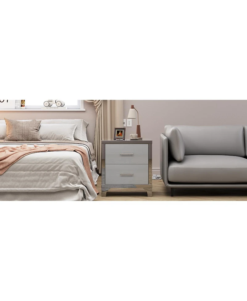 Streamdale Furniture High Gloss Mirrored 2-Drawer Nightstand - Modern End Table for Bedroom
