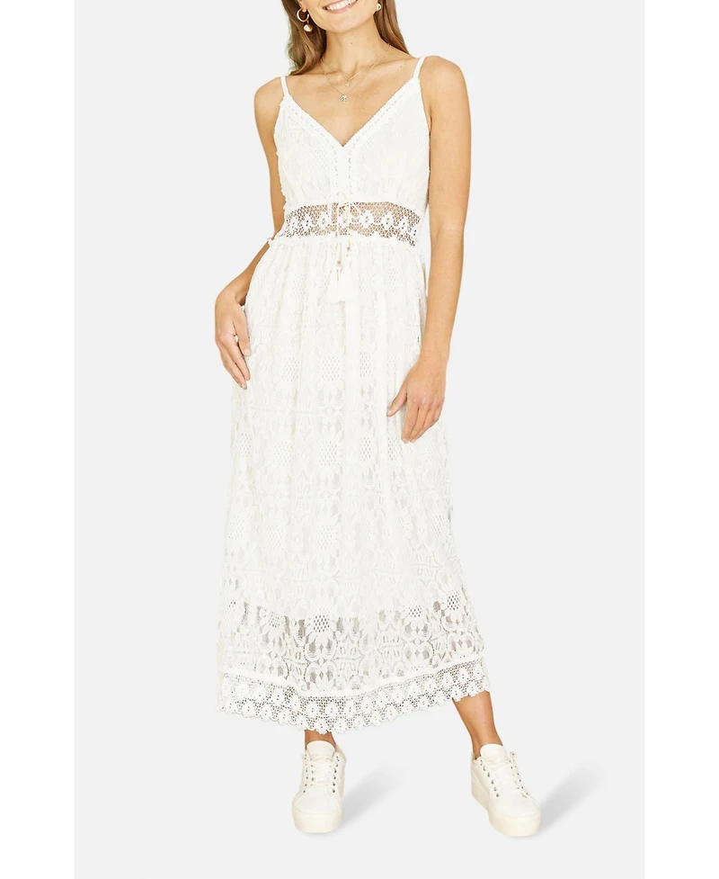 Yumi Women's Lace Embroidered Tassel Tie Midi Dress