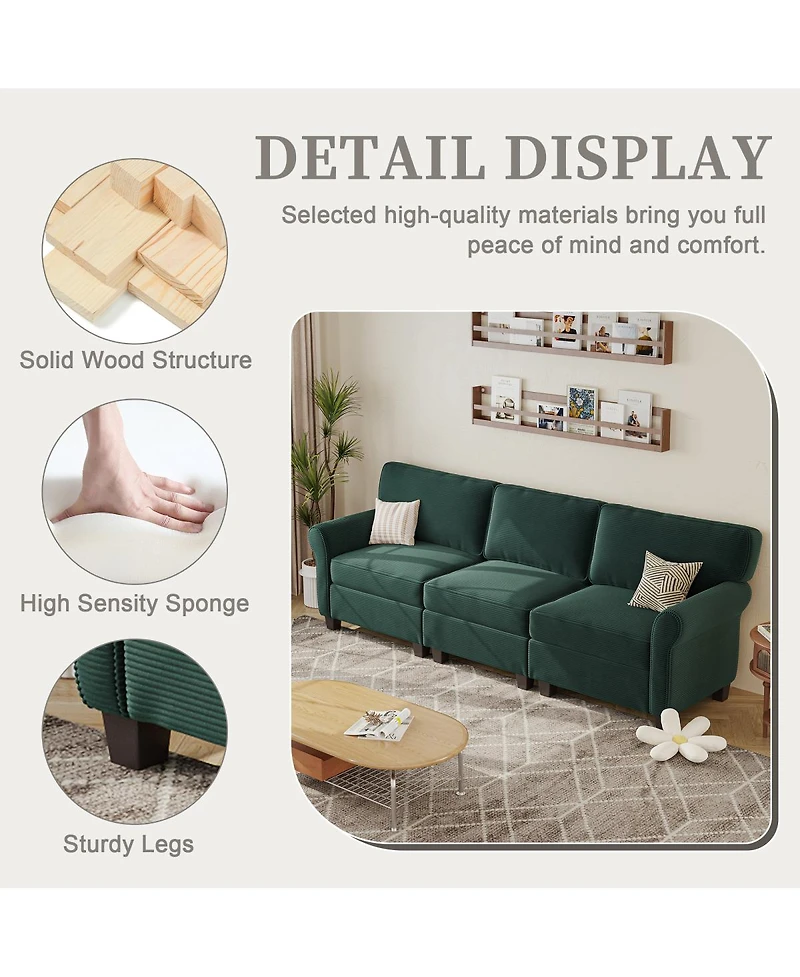 Streamdale Furniture 94" 3-Seater Corduroy Sofa Couch with Deep Seats & Removable Cushions