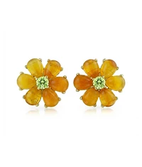 Bling Jewelry Floral Cz Center Jade Flower Stud Earrings Gold Plated .925 Sterling Silver