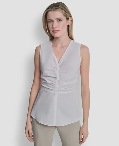 Dkny Women's Sleeveless Cotton Polin Ruched Front Top
