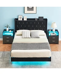 gaomon Bed Frame with Led Lights, Modern Wood Floating Bed Frame with Storage,Velvet Upholstered Headboard