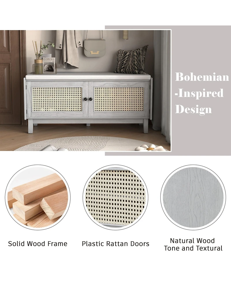 Rainsken Rattan Shoe Storage Bench, Wooden Shoe Organizer with Cushion, 2 Doors, 2-Tier Shoe Rack and Adjustable Shelves for Entryway