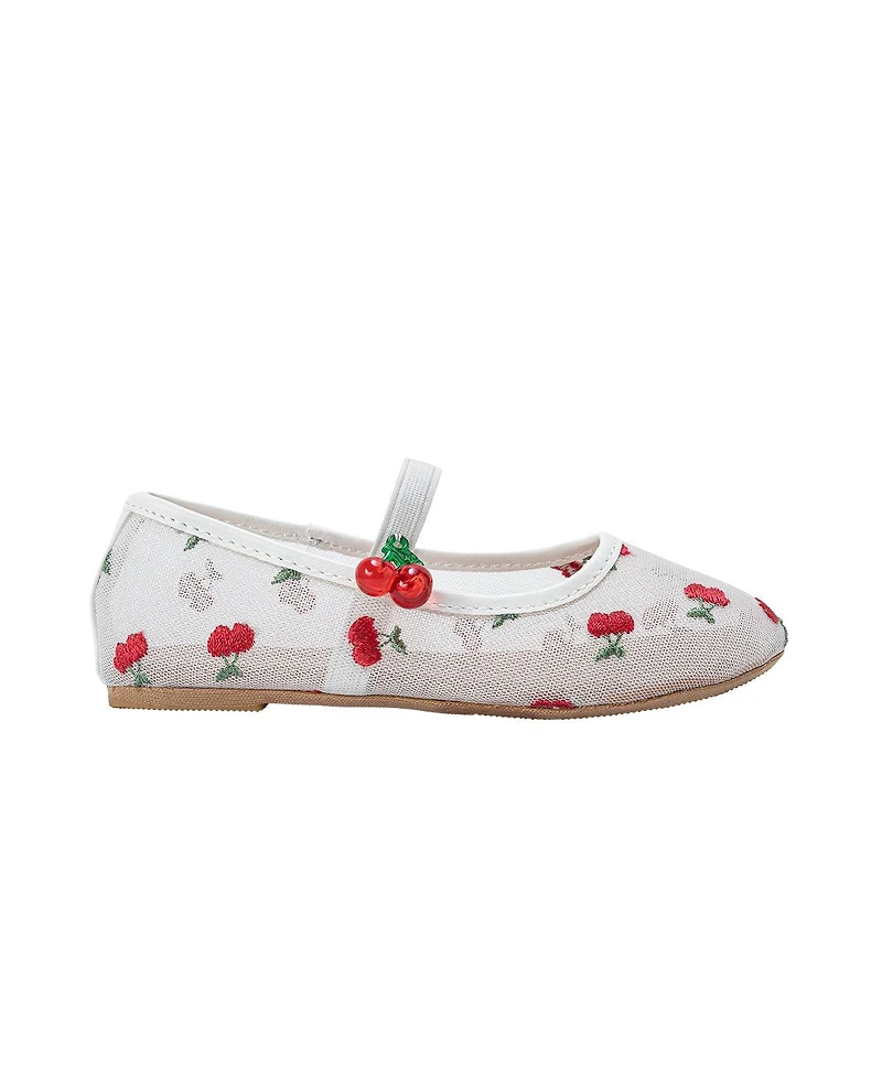 Bebe Girl's Mesh Ballet Mary Jane Shoes - Comfortable Dress Flats with Embroidered Cherry Accents
